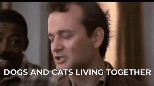 Venkman from Ghostbusters saying, "Dogs and cats, living together, mass hysteria!"